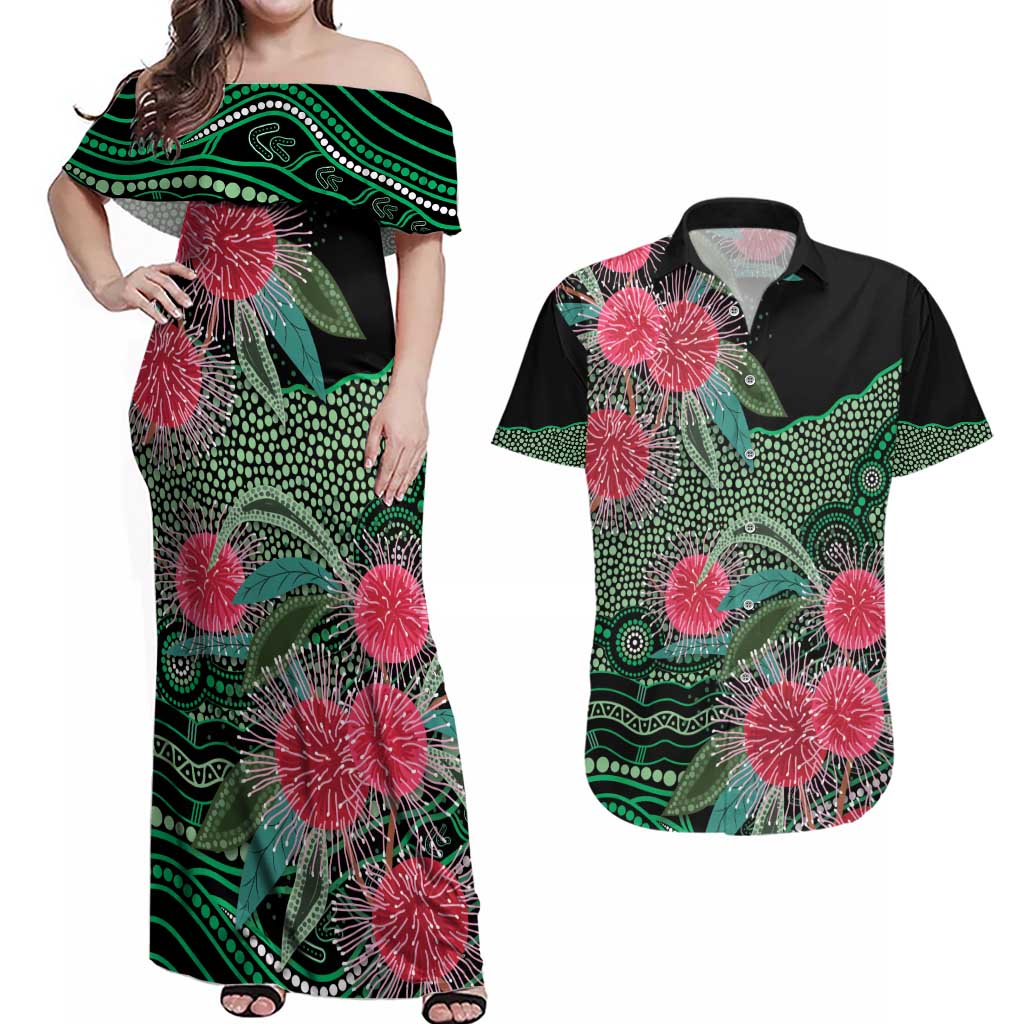 Australia Hakea Couples Matching Off Shoulder Maxi Dress and Hawaiian Shirt Aussie Native Flowers Indigenous Art - Aussie Hoodie