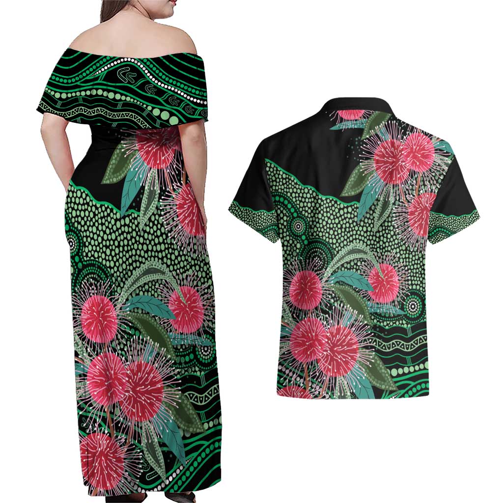 Australia Hakea Couples Matching Off Shoulder Maxi Dress and Hawaiian Shirt Aussie Native Flowers Indigenous Art - Aussie Hoodie