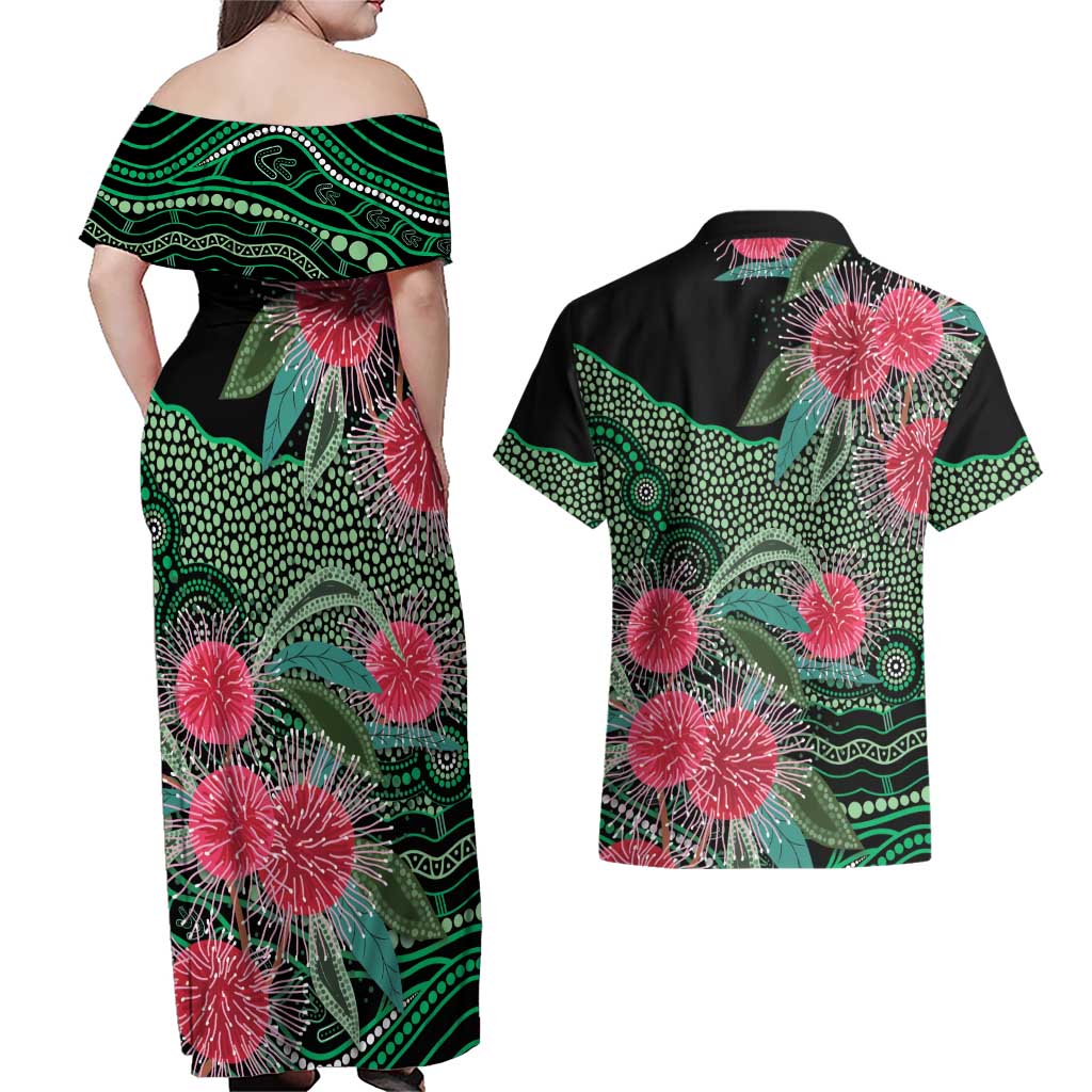 Australia Hakea Couples Matching Off Shoulder Maxi Dress and Hawaiian Shirt Aussie Native Flowers Indigenous Art - Aussie Hoodie