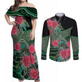 Australia Hakea Couples Matching Off Shoulder Maxi Dress and Long Sleeve Button Shirt Aussie Native Flowers Indigenous Art - Aussie Hoodie