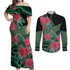Australia Hakea Couples Matching Off Shoulder Maxi Dress and Long Sleeve Button Shirt Aussie Native Flowers Indigenous Art - Aussie Hoodie