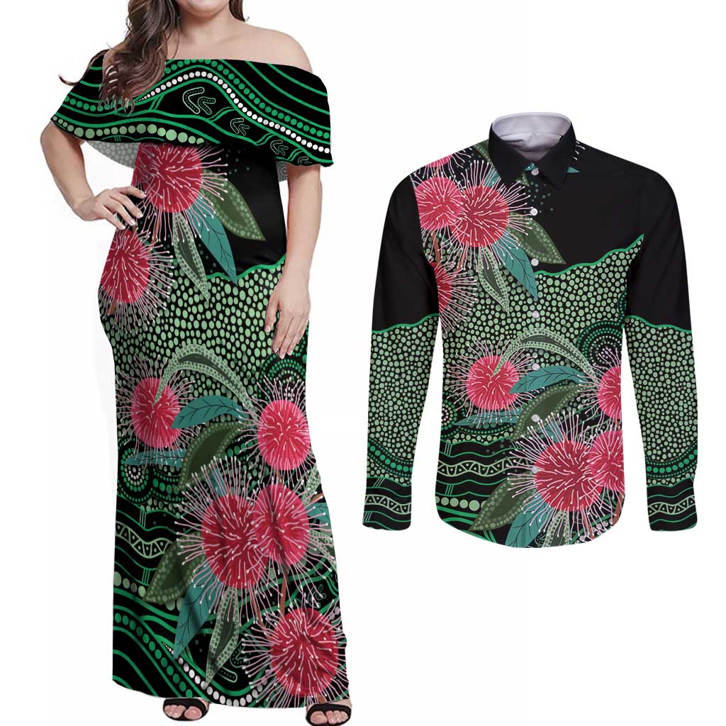 Australia Hakea Couples Matching Off Shoulder Maxi Dress and Long Sleeve Button Shirt Aussie Native Flowers Indigenous Art - Aussie Hoodie