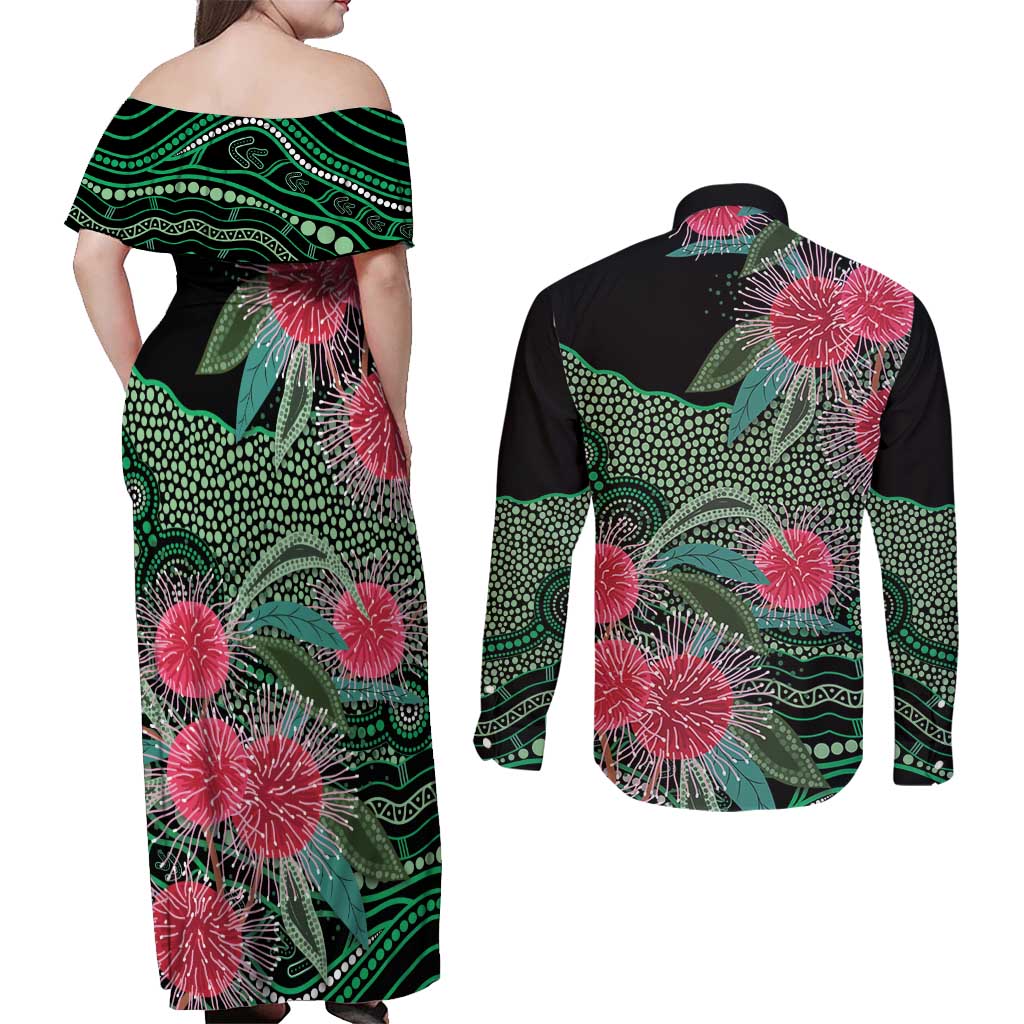 Australia Hakea Couples Matching Off Shoulder Maxi Dress and Long Sleeve Button Shirt Aussie Native Flowers Indigenous Art - Aussie Hoodie