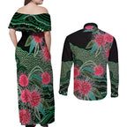 Australia Hakea Couples Matching Off Shoulder Maxi Dress and Long Sleeve Button Shirt Aussie Native Flowers Indigenous Art - Aussie Hoodie