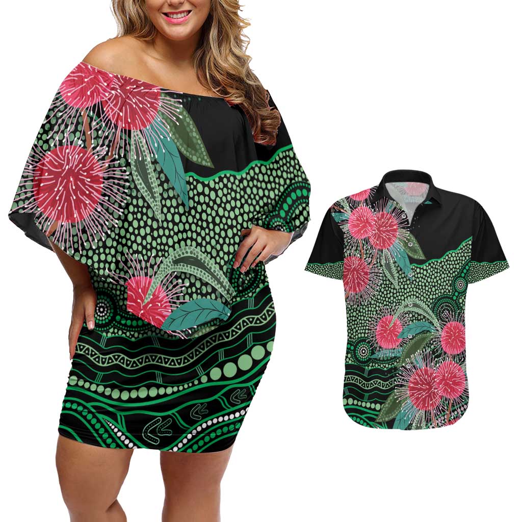 Australia Hakea Couples Matching Off Shoulder Short Dress and Hawaiian Shirt Aussie Native Flowers Indigenous Art - Aussie Hoodie