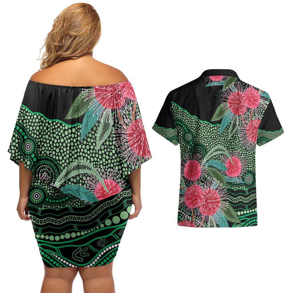 Australia Hakea Couples Matching Off Shoulder Short Dress and Hawaiian Shirt Aussie Native Flowers Indigenous Art - Aussie Hoodie