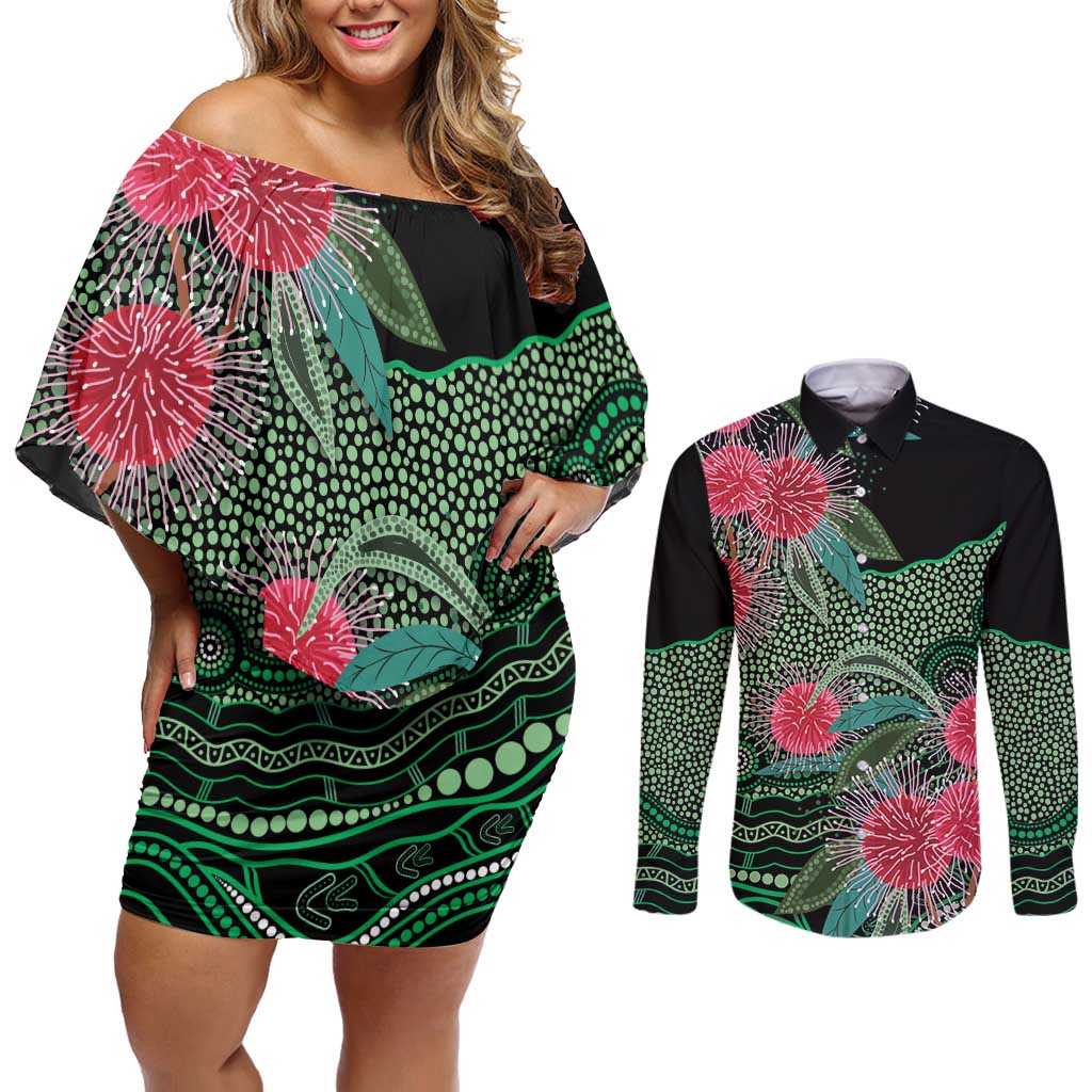 Australia Hakea Couples Matching Off Shoulder Short Dress and Long Sleeve Button Shirt Aussie Native Flowers Indigenous Art - Aussie Hoodie