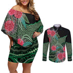 Australia Hakea Couples Matching Off Shoulder Short Dress and Long Sleeve Button Shirt Aussie Native Flowers Indigenous Art - Aussie Hoodie