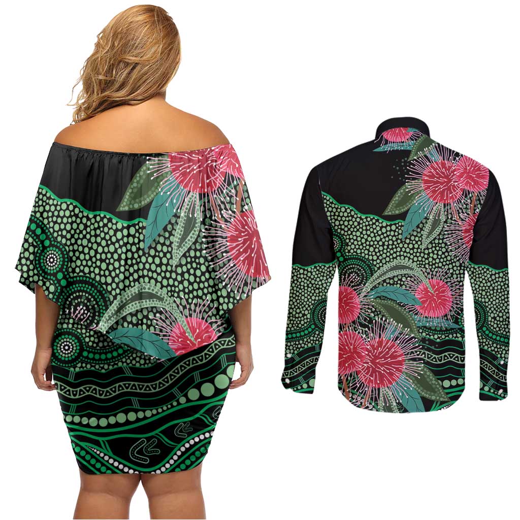 Australia Hakea Couples Matching Off Shoulder Short Dress and Long Sleeve Button Shirt Aussie Native Flowers Indigenous Art - Aussie Hoodie