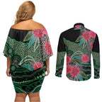 Australia Hakea Couples Matching Off Shoulder Short Dress and Long Sleeve Button Shirt Aussie Native Flowers Indigenous Art - Aussie Hoodie