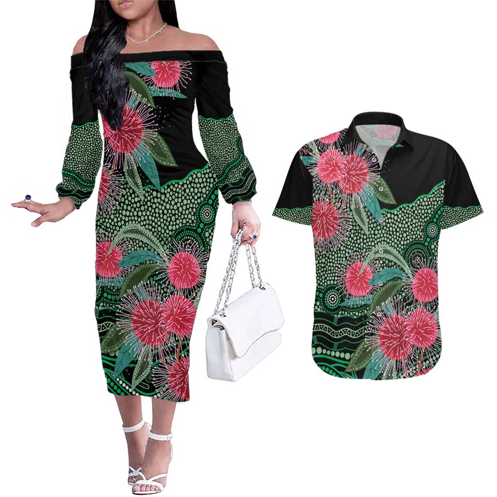 Australia Hakea Couples Matching Off The Shoulder Long Sleeve Dress and Hawaiian Shirt Aussie Native Flowers Indigenous Art - Aussie Hoodie