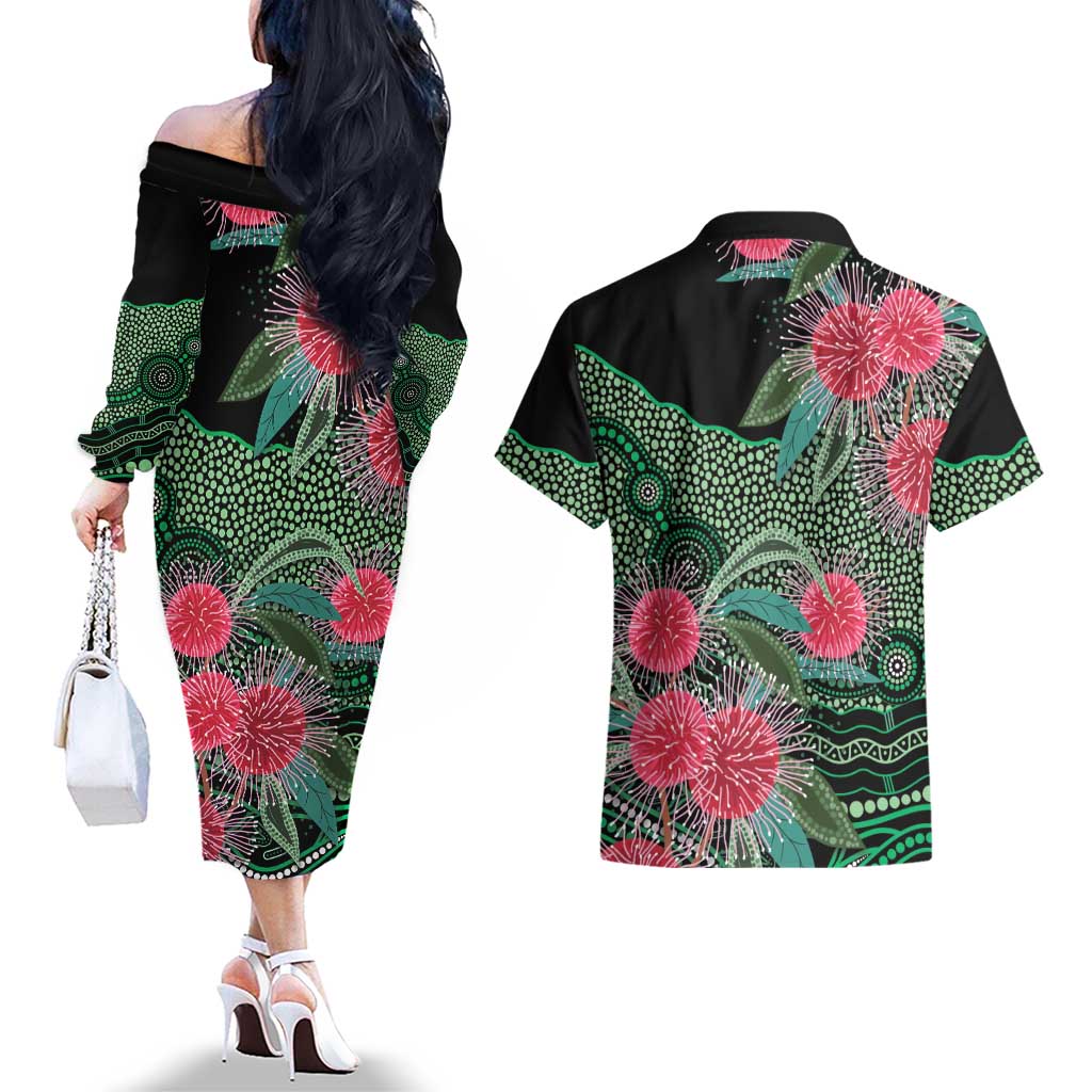 Australia Hakea Couples Matching Off The Shoulder Long Sleeve Dress and Hawaiian Shirt Aussie Native Flowers Indigenous Art - Aussie Hoodie