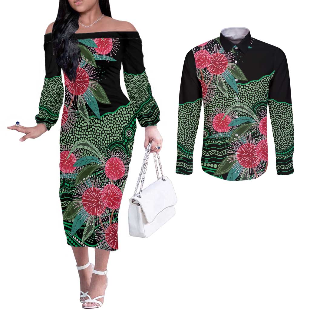 Australia Hakea Couples Matching Off The Shoulder Long Sleeve Dress and Long Sleeve Button Shirt Aussie Native Flowers Indigenous Art - Aussie Hoodie