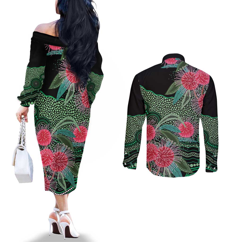 Australia Hakea Couples Matching Off The Shoulder Long Sleeve Dress and Long Sleeve Button Shirt Aussie Native Flowers Indigenous Art - Aussie Hoodie