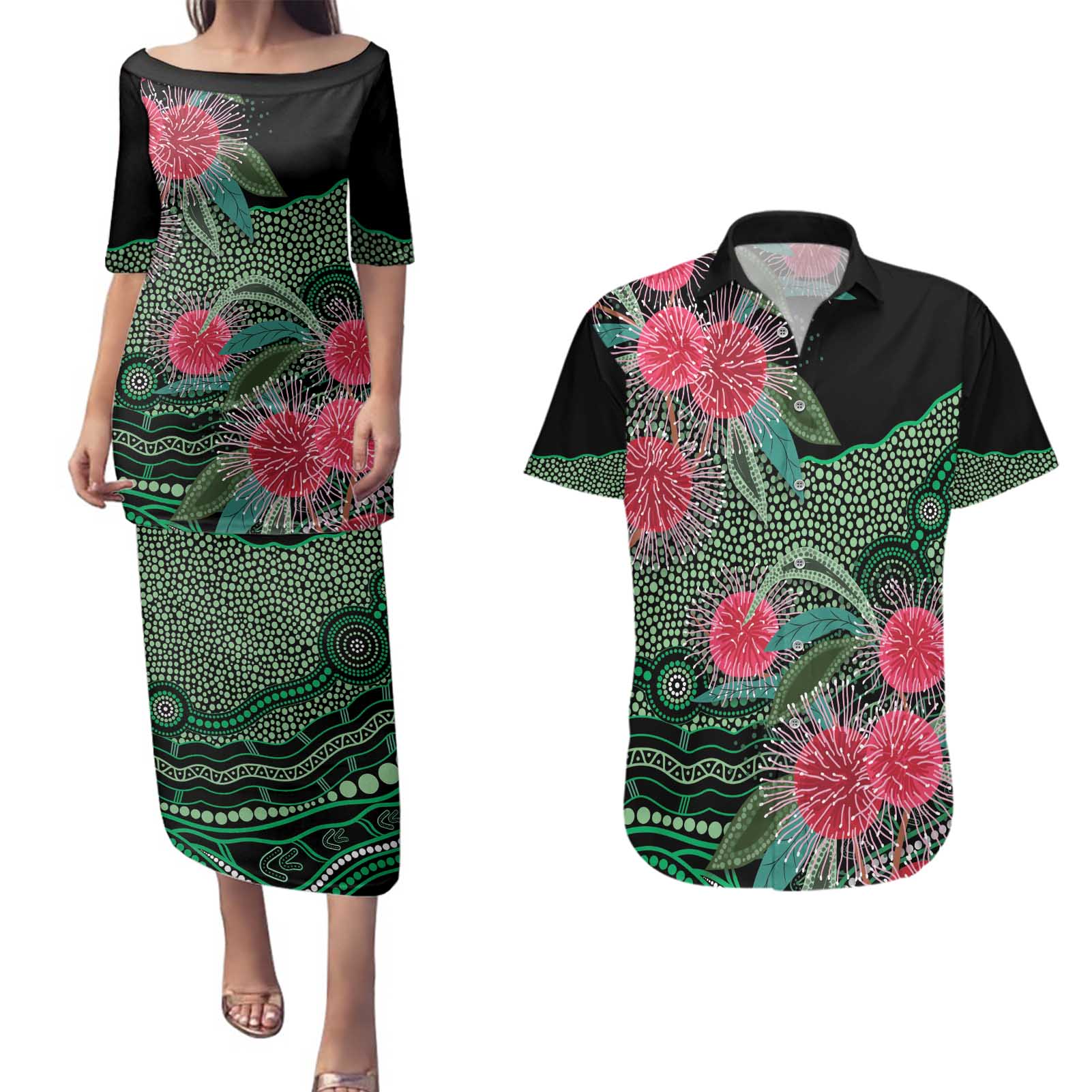 Australia Hakea Couples Matching Puletasi and Hawaiian Shirt Aussie Native Flowers Indigenous Art - Aussie Hoodie