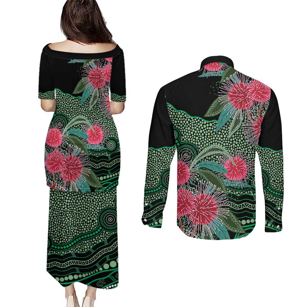 Australia Hakea Couples Matching Puletasi and Long Sleeve Button Shirt Aussie Native Flowers Indigenous Art - Aussie Hoodie