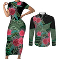 Australia Hakea Couples Matching Short Sleeve Bodycon Dress and Long Sleeve Button Shirt Aussie Native Flowers Indigenous Art - Aussie Hoodie