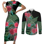 Australia Hakea Couples Matching Short Sleeve Bodycon Dress and Long Sleeve Button Shirt Aussie Native Flowers Indigenous Art - Aussie Hoodie