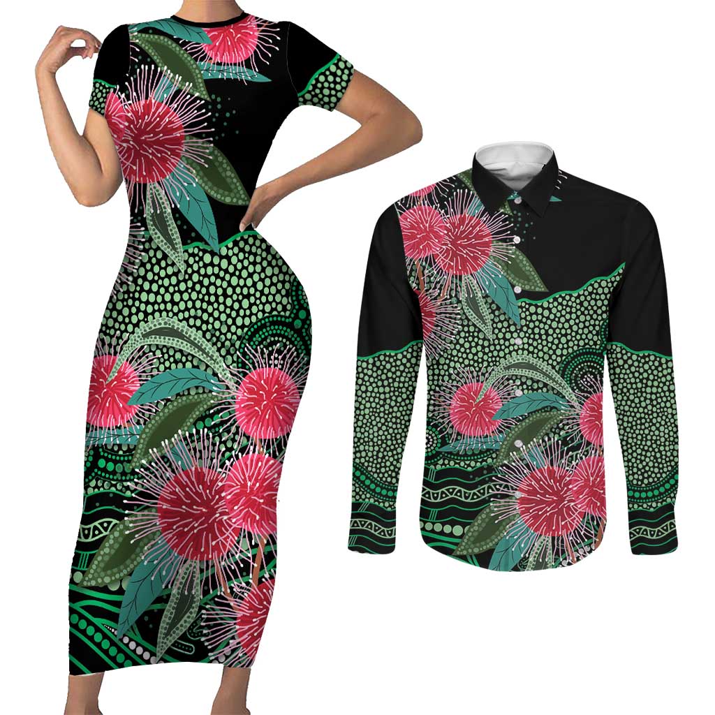 Australia Hakea Couples Matching Short Sleeve Bodycon Dress and Long Sleeve Button Shirt Aussie Native Flowers Indigenous Art - Aussie Hoodie