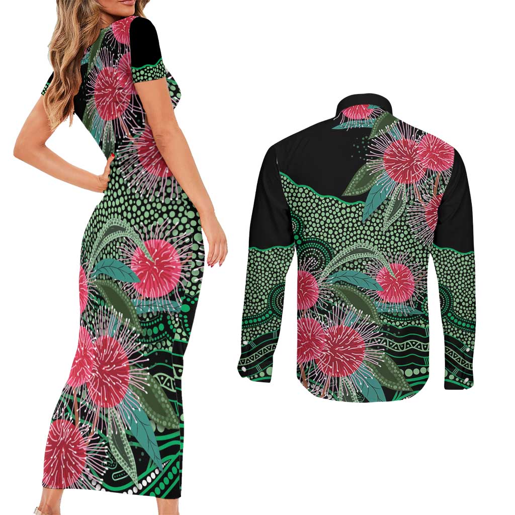 Australia Hakea Couples Matching Short Sleeve Bodycon Dress and Long Sleeve Button Shirt Aussie Native Flowers Indigenous Art - Aussie Hoodie