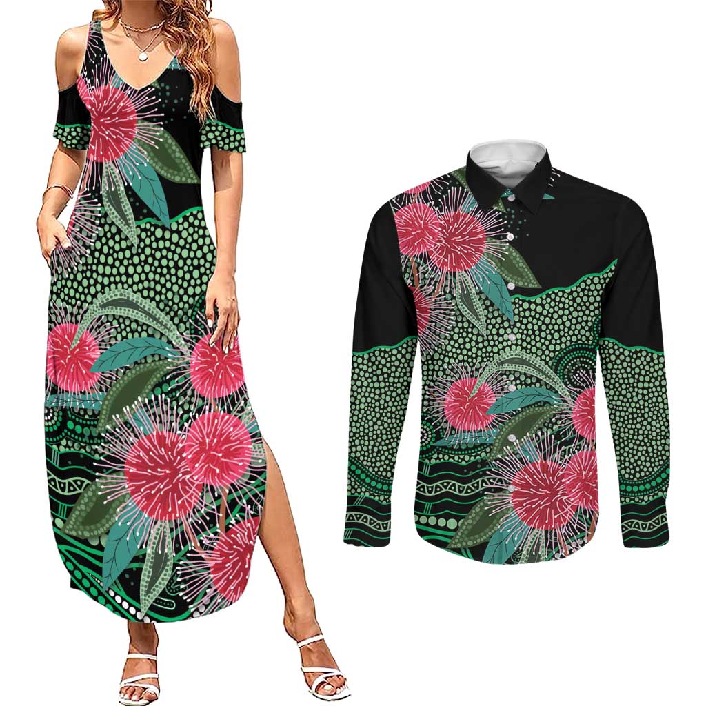 Australia Hakea Couples Matching Summer Maxi Dress and Long Sleeve Button Shirt Aussie Native Flowers Indigenous Art - Aussie Hoodie