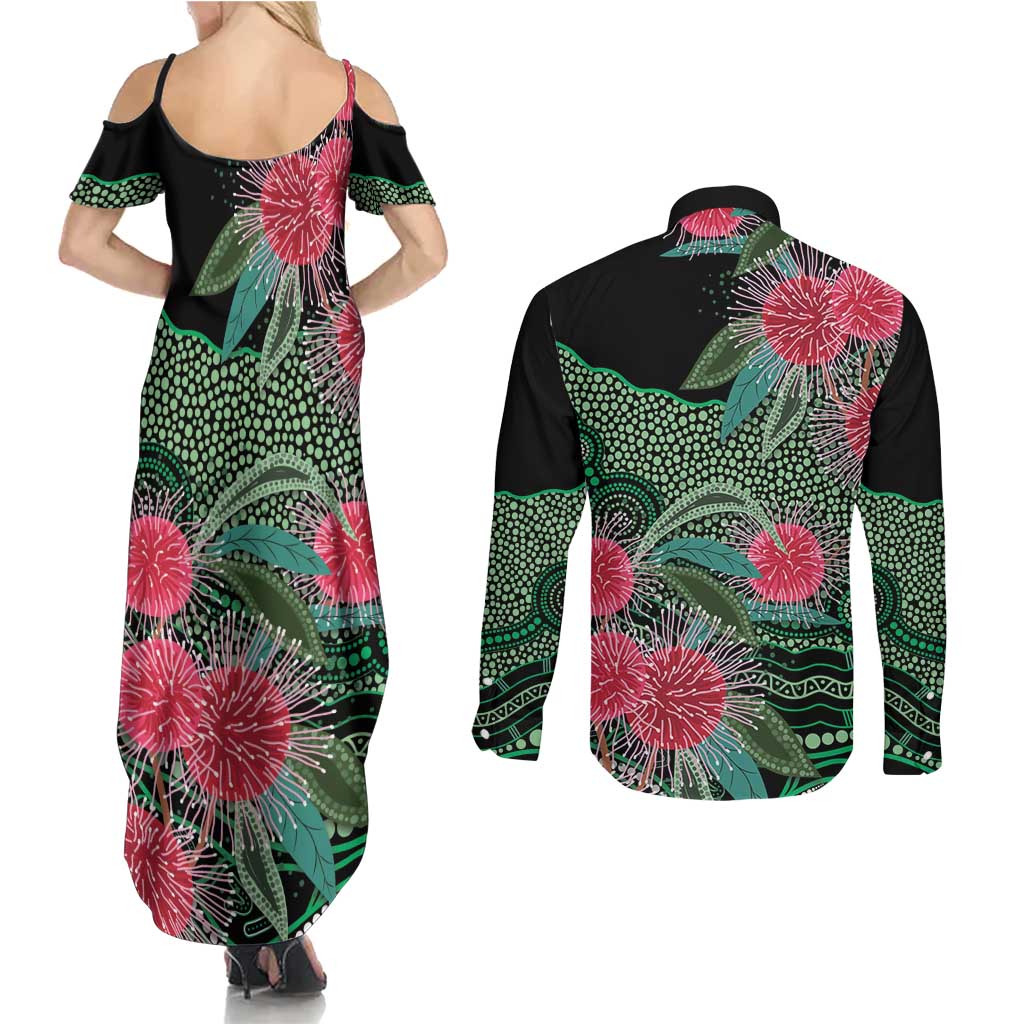 Australia Hakea Couples Matching Summer Maxi Dress and Long Sleeve Button Shirt Aussie Native Flowers Indigenous Art - Aussie Hoodie