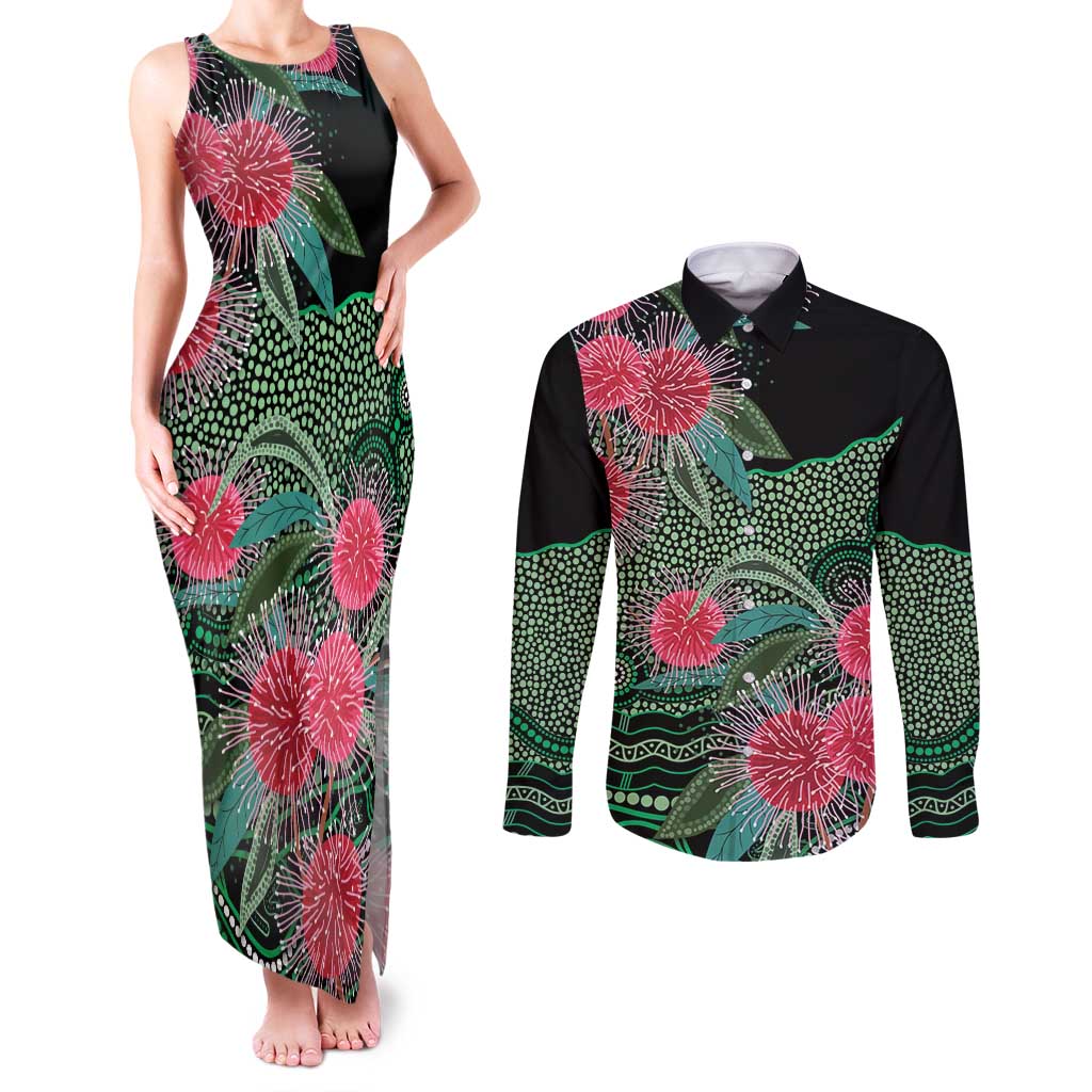 Australia Hakea Couples Matching Tank Maxi Dress and Long Sleeve Button Shirt Aussie Native Flowers Indigenous Art - Aussie Hoodie