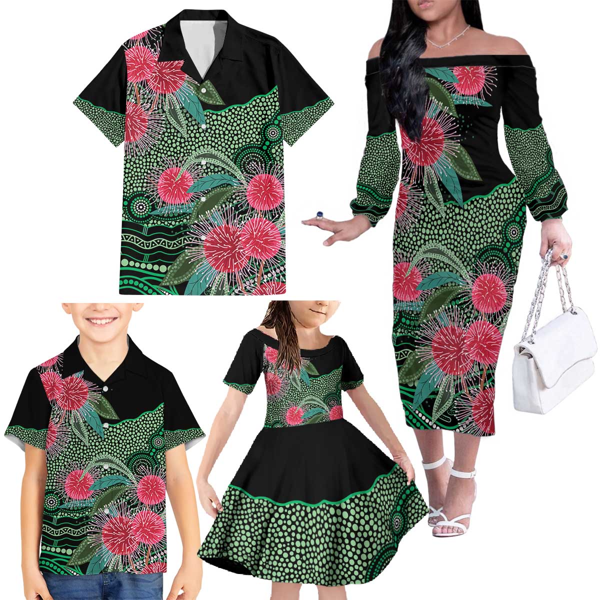 Australia Hakea Family Matching Off The Shoulder Long Sleeve Dress and Hawaiian Shirt Aussie Native Flowers Indigenous Art - Aussie Hoodie