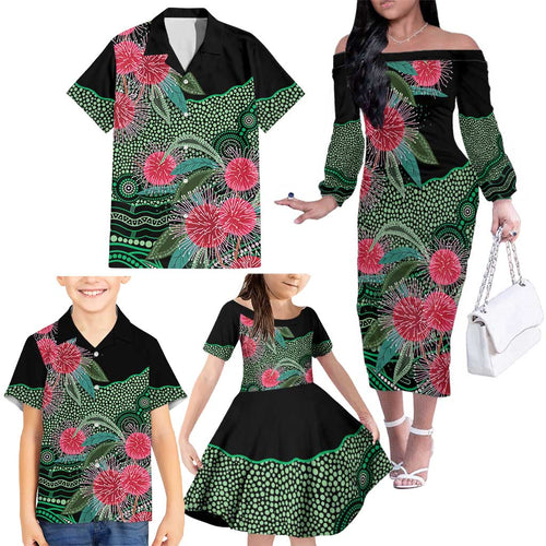 Australia Hakea Family Matching Off The Shoulder Long Sleeve Dress and Hawaiian Shirt Aussie Native Flowers Indigenous Art - Aussie Hoodie