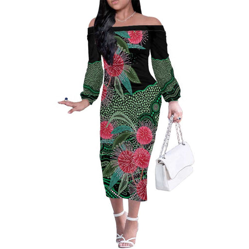 Australia Hakea Family Matching Off The Shoulder Long Sleeve Dress and Hawaiian Shirt Aussie Native Flowers Indigenous Art - Aussie Hoodie