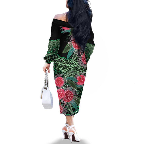 Australia Hakea Family Matching Off The Shoulder Long Sleeve Dress and Hawaiian Shirt Aussie Native Flowers Indigenous Art - Aussie Hoodie