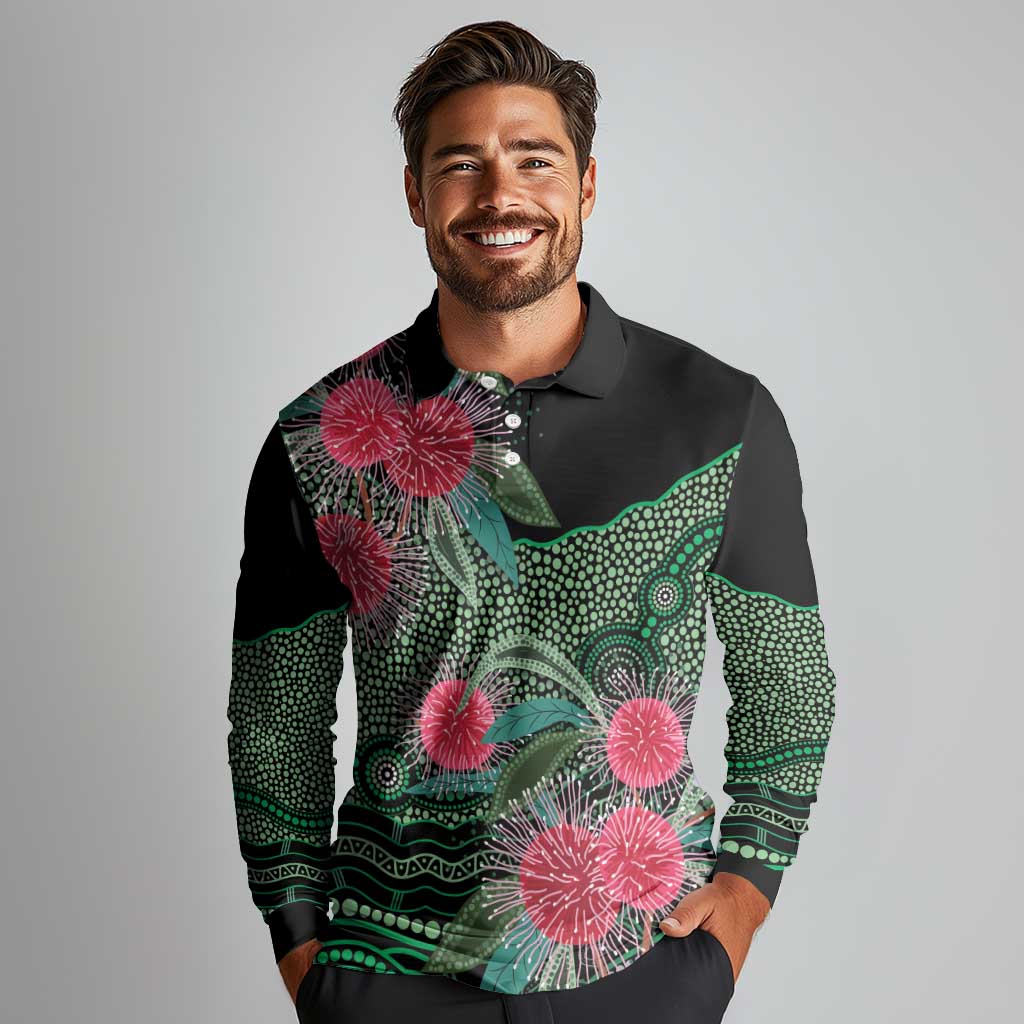 Australia Hakea Long Sleeve Polo Shirt Aussie Native Flowers Indigenous Art - Aussie Hoodie