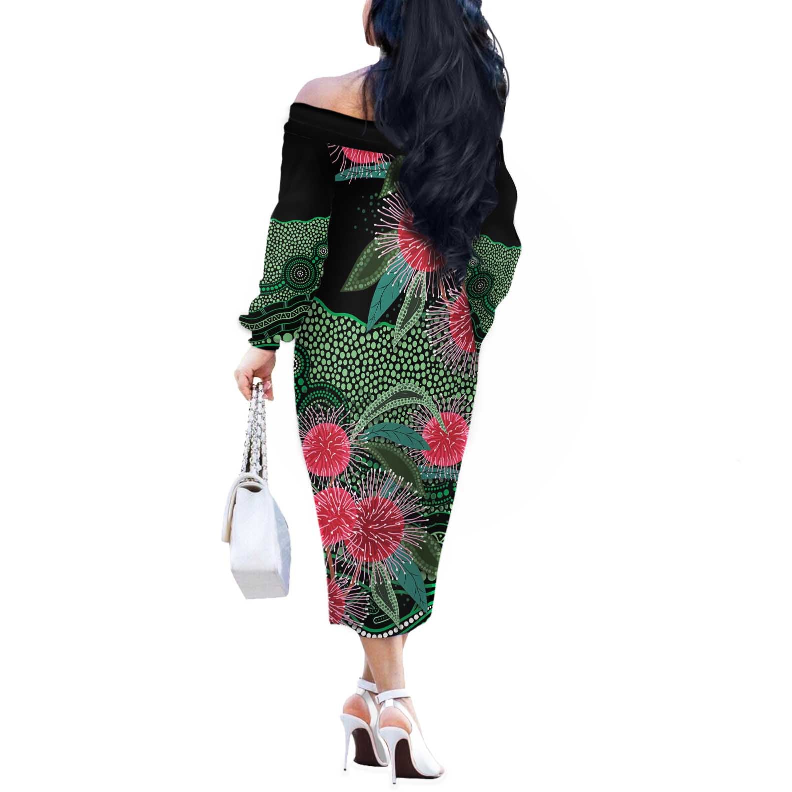 Australia Hakea Off The Shoulder Long Sleeve Dress Aussie Native Flowers Indigenous Art - Aussie Hoodie