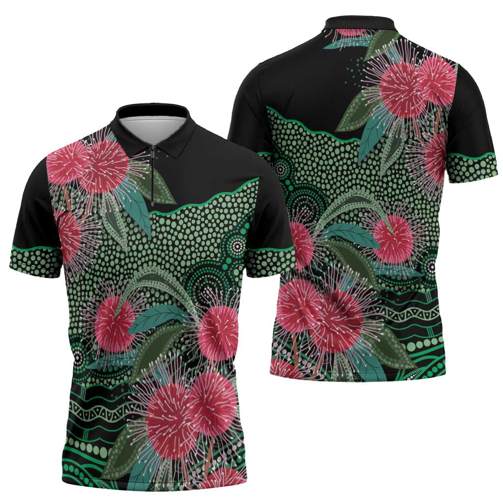 Australia Hakea Zipper Polo Shirt Aussie Native Flowers Indigenous Art - Aussie Hoodie