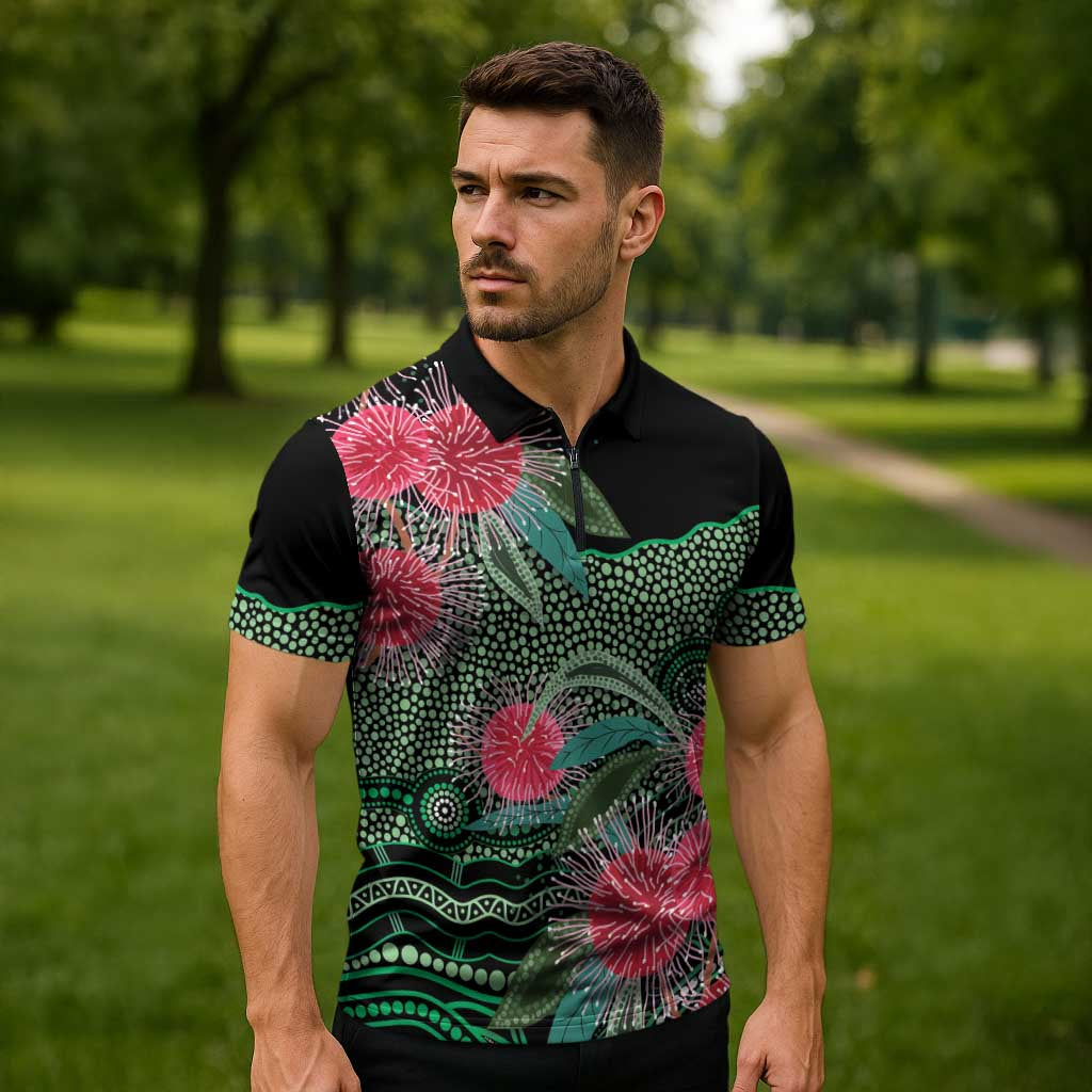 Australia Hakea Zipper Polo Shirt Aussie Native Flowers Indigenous Art - Aussie Hoodie