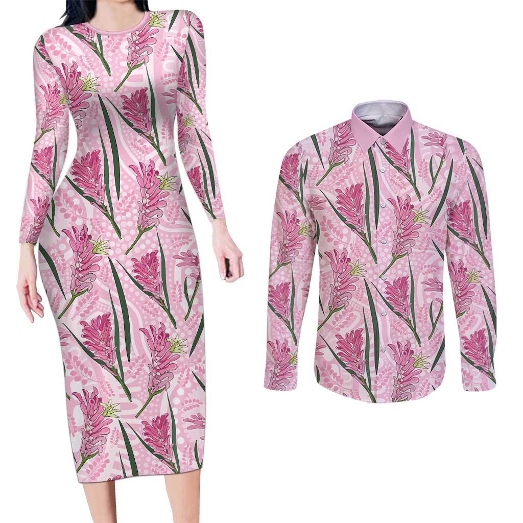 Australia Kangaroo Paws Couples Matching Long Sleeve Bodycon Dress and Long Sleeve Button Shirt Aussie Native Flowers Indigenous Art - Aussie Hoodie