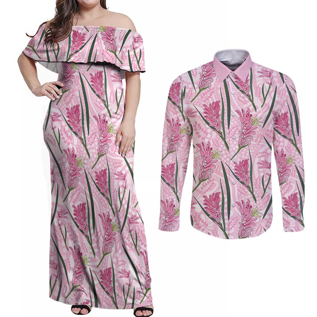 Australia Kangaroo Paws Couples Matching Off Shoulder Maxi Dress and Long Sleeve Button Shirt Aussie Native Flowers Indigenous Art - Aussie Hoodie