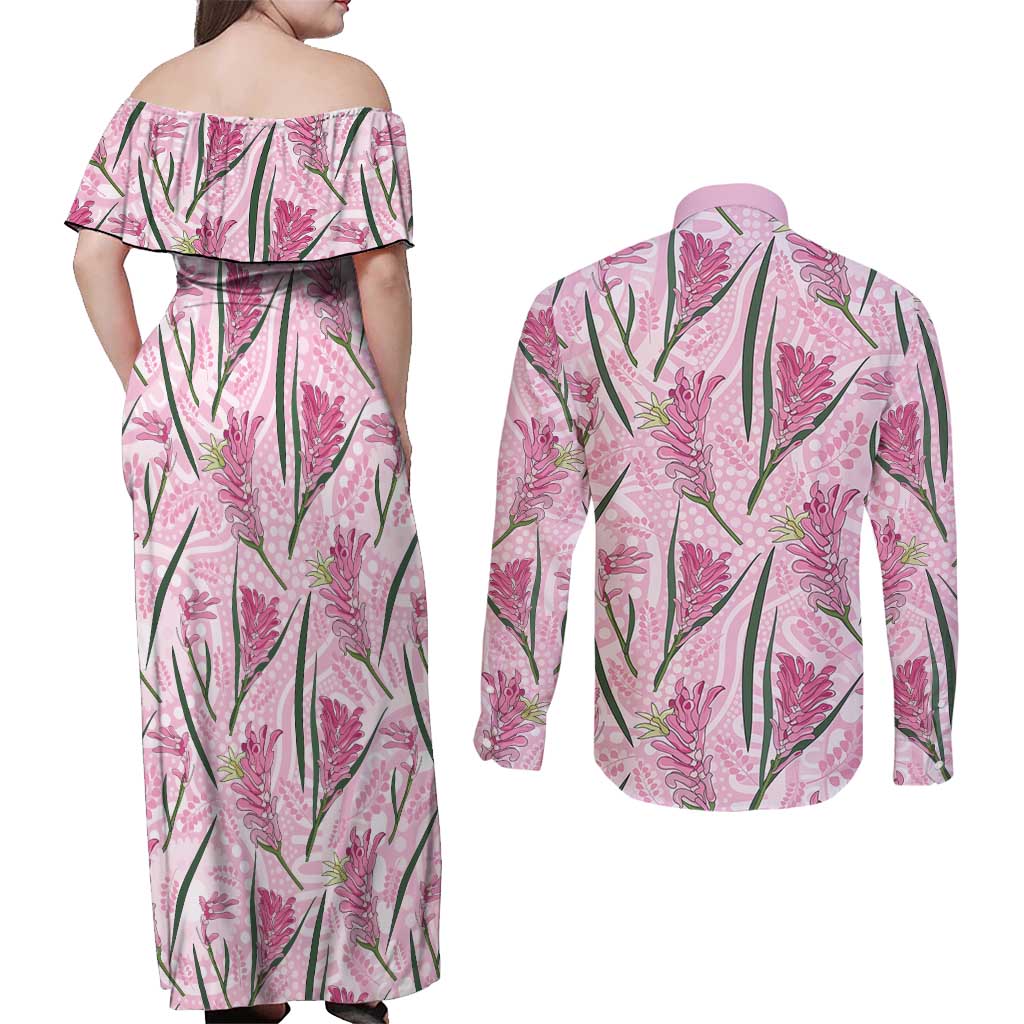 Australia Kangaroo Paws Couples Matching Off Shoulder Maxi Dress and Long Sleeve Button Shirt Aussie Native Flowers Indigenous Art - Aussie Hoodie