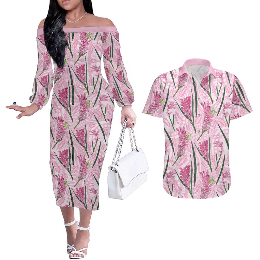 Australia Kangaroo Paws Couples Matching Off The Shoulder Long Sleeve Dress and Hawaiian Shirt Aussie Native Flowers Indigenous Art - Aussie Hoodie