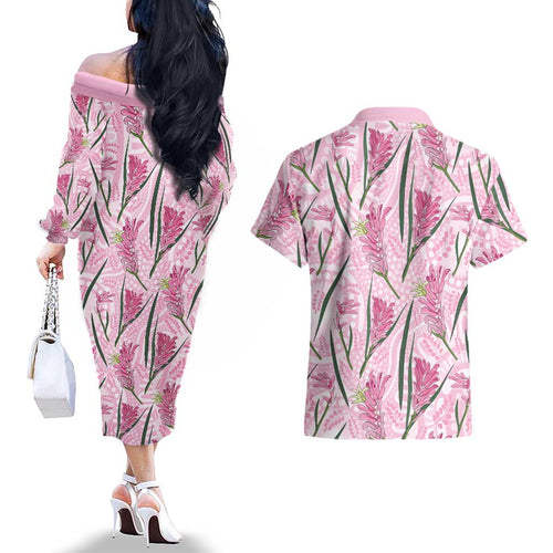Australia Kangaroo Paws Couples Matching Off The Shoulder Long Sleeve Dress and Hawaiian Shirt Aussie Native Flowers Indigenous Art - Aussie Hoodie