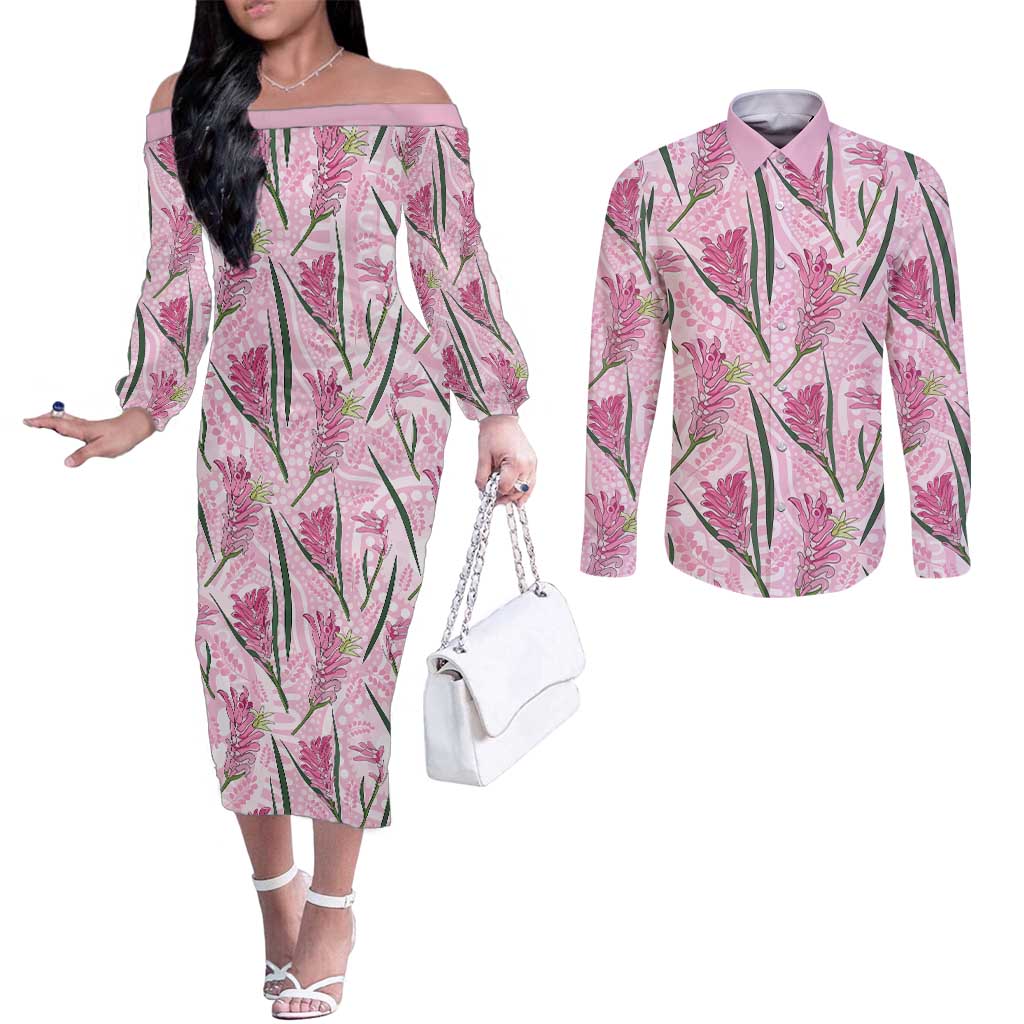 Australia Kangaroo Paws Couples Matching Off The Shoulder Long Sleeve Dress and Long Sleeve Button Shirt Aussie Native Flowers Indigenous Art - Aussie Hoodie