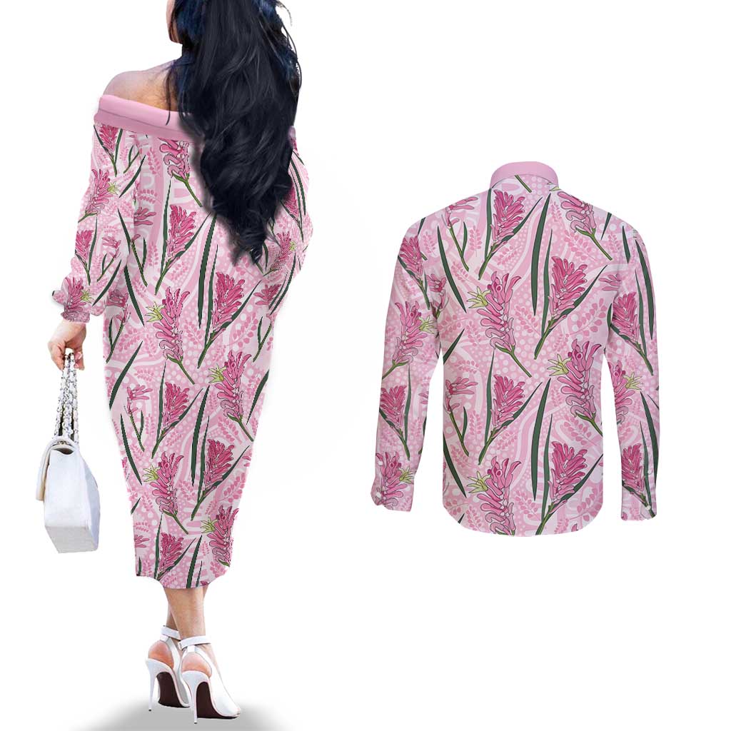 Australia Kangaroo Paws Couples Matching Off The Shoulder Long Sleeve Dress and Long Sleeve Button Shirt Aussie Native Flowers Indigenous Art - Aussie Hoodie