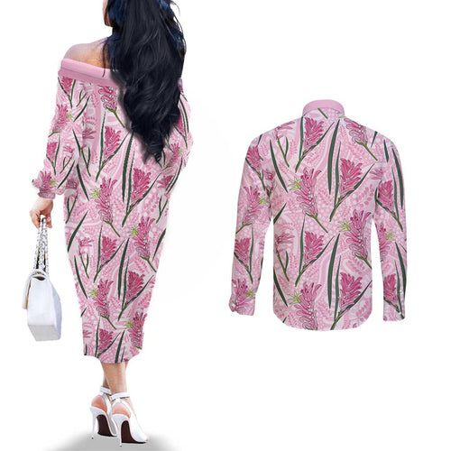 Australia Kangaroo Paws Couples Matching Off The Shoulder Long Sleeve Dress and Long Sleeve Button Shirt Aussie Native Flowers Indigenous Art - Aussie Hoodie