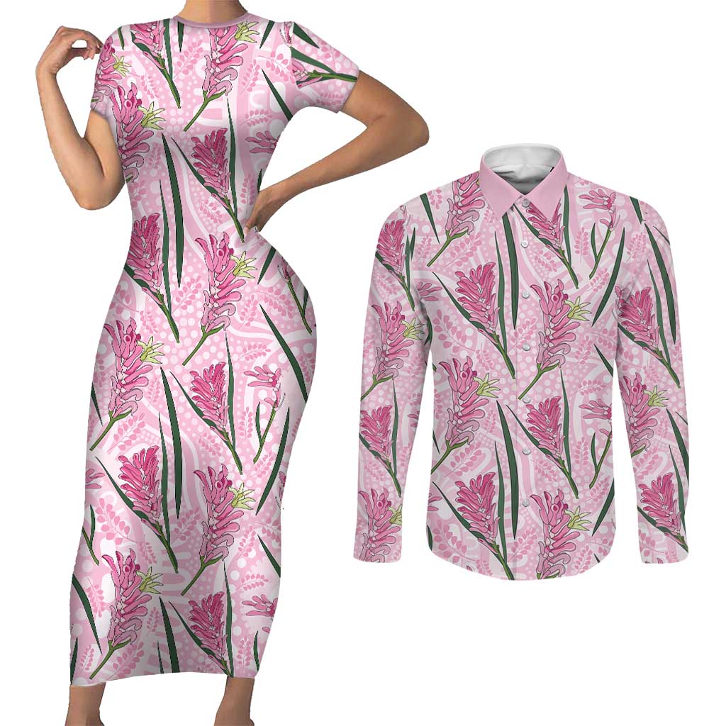 Australia Kangaroo Paws Couples Matching Short Sleeve Bodycon Dress and Long Sleeve Button Shirt Aussie Native Flowers Indigenous Art - Aussie Hoodie