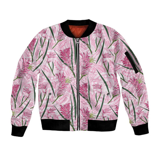 Australia Kangaroo Paws Sleeve Zip Bomber Jacket Aussie Native Flowers Indigenous Art - Aussie Hoodie