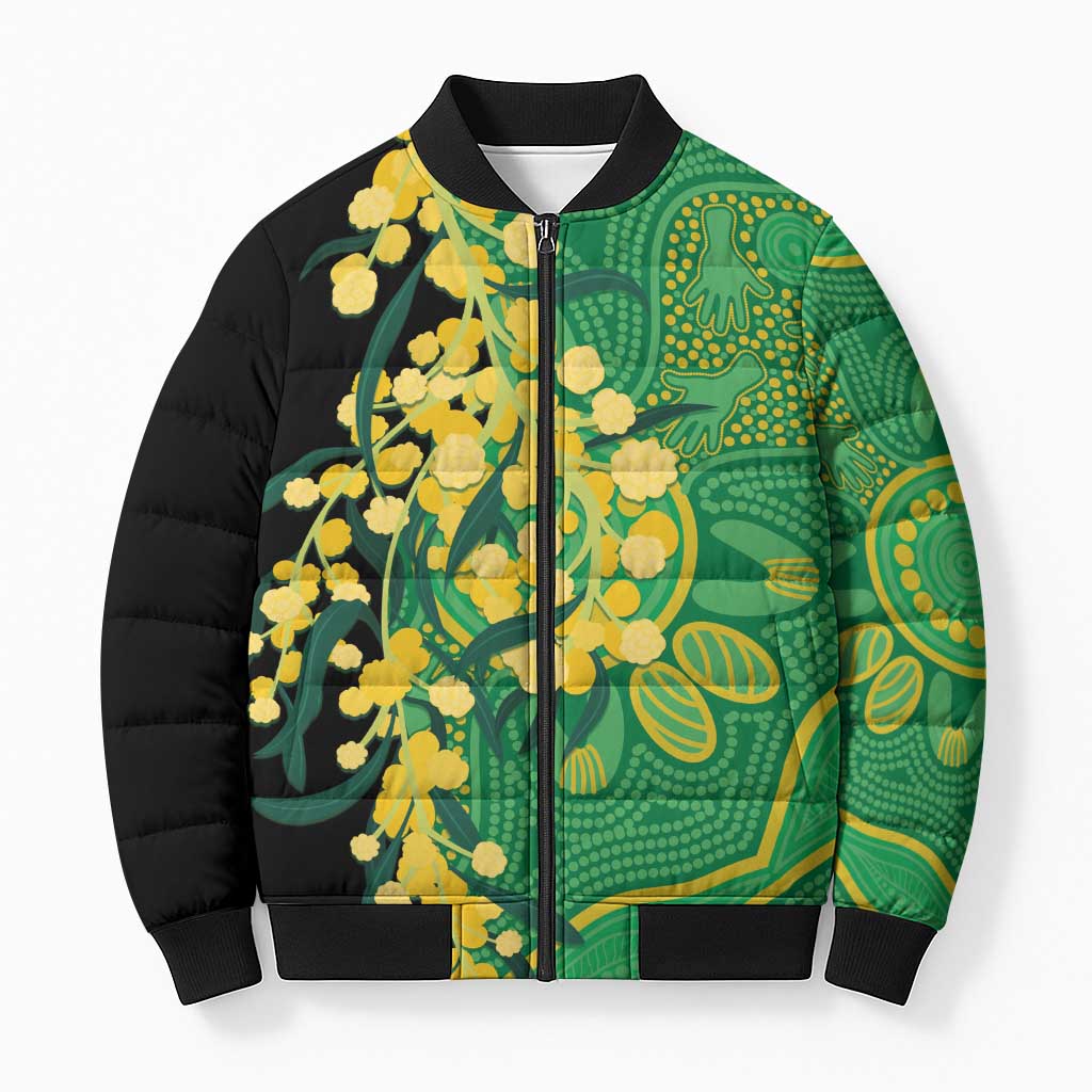 Australia Golden Wattle Bomber Puffer Jacket Aussie Native Flowers Indigenous Art - Aussie Hoodie