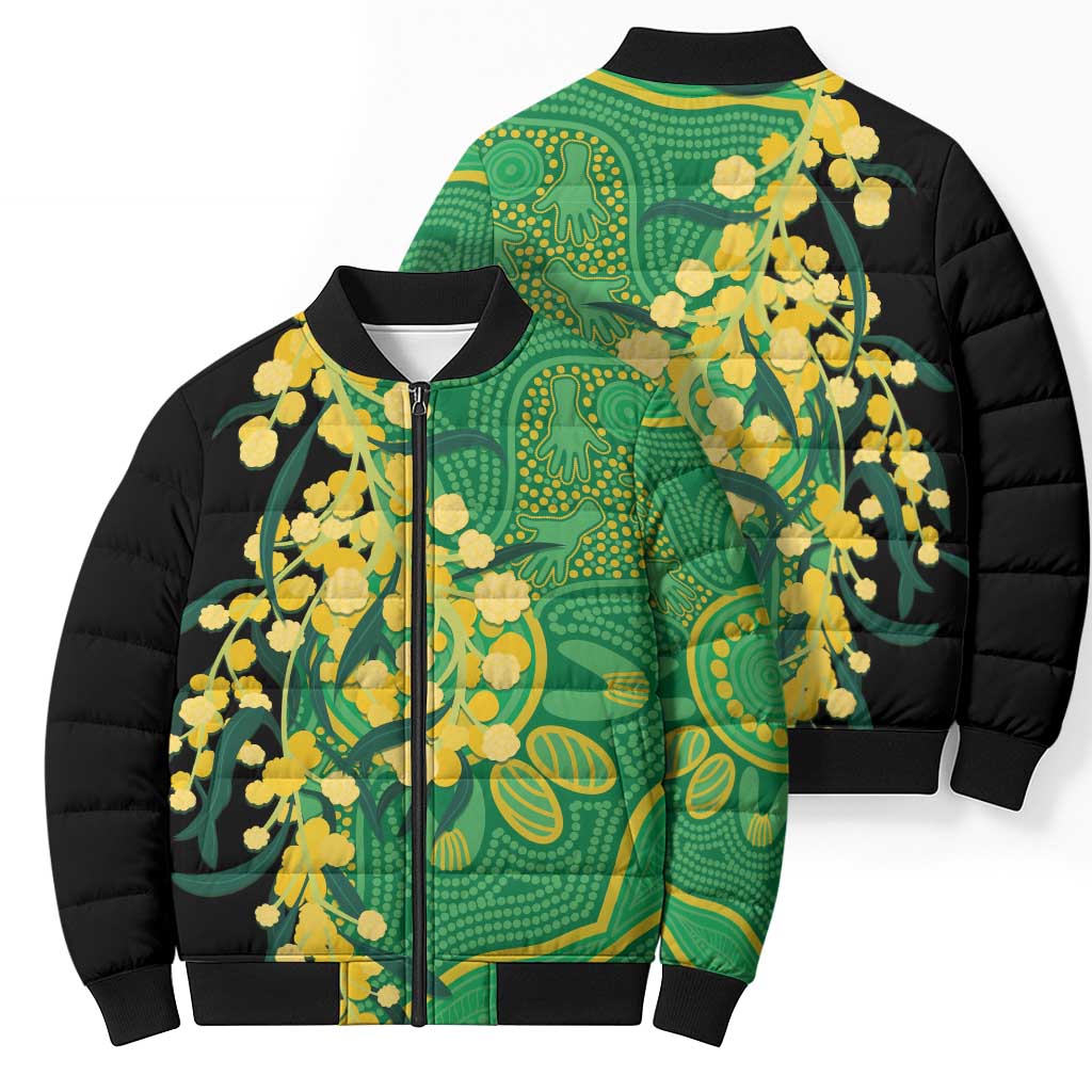 Australia Golden Wattle Bomber Puffer Jacket Aussie Native Flowers Indigenous Art - Aussie Hoodie