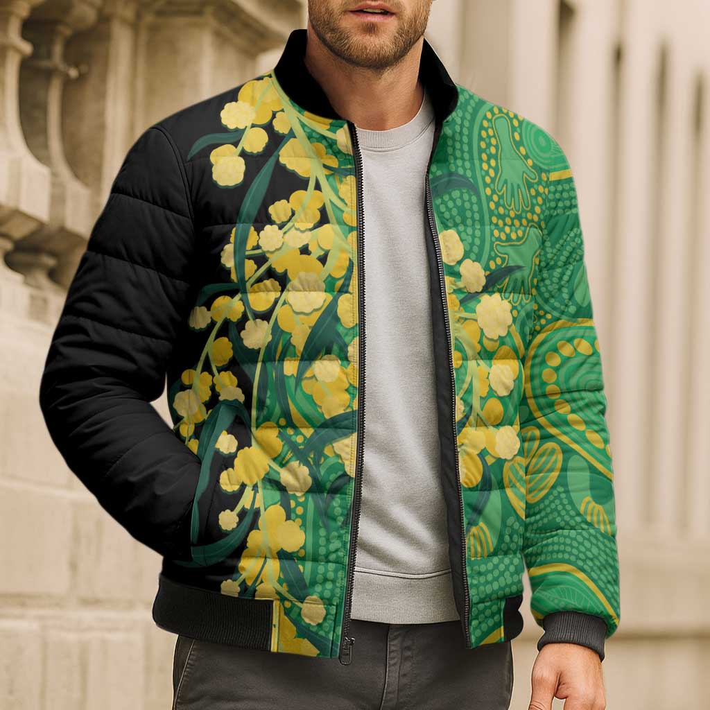 Australia Golden Wattle Bomber Puffer Jacket Aussie Native Flowers Indigenous Art - Aussie Hoodie