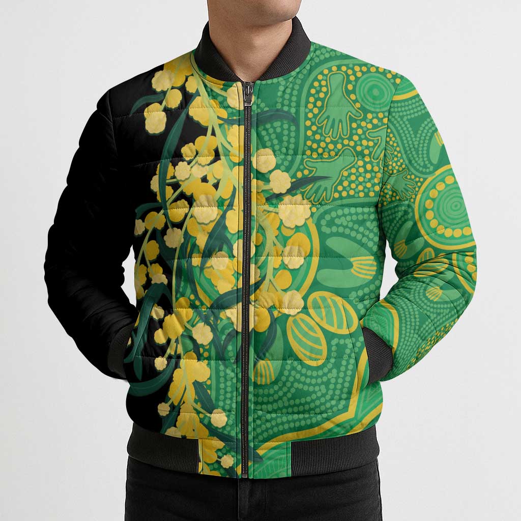 Australia Golden Wattle Bomber Puffer Jacket Aussie Native Flowers Indigenous Art - Aussie Hoodie