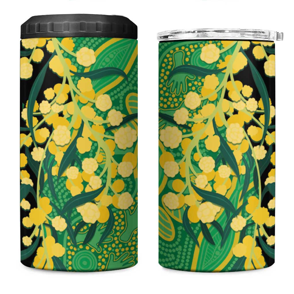 Australia Golden Wattle 4 in 1 Can Cooler Tumbler Aussie Native Flowers Indigenous Art - Aussie Hoodie